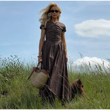 Bonnyshow  Solid Pleated Short Sleeve Women Dress Minimalist Waist Loose Skirt 2025 Summer Casual Female Vestido Daily Commuting Lady Robe
