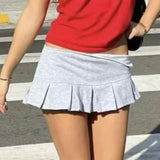 Bonnyshow  4 COLORS Y2K Side Zipper Grey Pleated Mini Skirt Sexy Low Waist Short Skater Skirts with shorts underwear