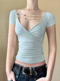 Bonnyshow  Simple Beading V-Neck Hotsweet Summer T-Shirts Short Sleeve Slim Cute Design Fashion Women Blouses