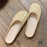 Bonnyshow  High Quality Grass Vine Weaving Round Toe Women Slippers Summer Flat Heels Beach Casual Ladies Shoes