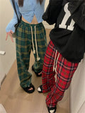 Bonnyshow Korean Fashion Red Plaid Pants Women Y2K Vintage Green Oversized Wide Leg Checkered Trousers Harajuku Jogging Sweatpants