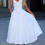 Bonnyshow  Sexy Spaghetti Straps Elegant White Dress Women Lace Up Bandage Back V Neck A-line Evening Party Dresses Midi Robe