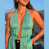 Bonnyshow  Sexy Glitter Lace Up Knitted Halter Top Women Vintage Solid Sleeveless Backless Shiny Hollow Out Tops Lady New Chic Streetwear