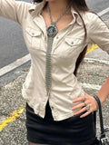 Bonnyshow  Fashion Solid Packet Slim Fit Women Shirts Causal Y2k Summer Chic Up Turn Down Collar Basic Blouses