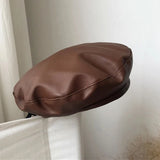 Bonnyshow Vintage PU Leather Beret Hat Women Autumn Winter Warm Octagonal Cap Elegant Solid Color Female Lady Painters Caps