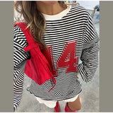 Bonnyshow  Casual Striped Patchwork Tops Women Loose O-neck Number Print Long Sleeve Lady Shirts 2024 Autumn Fashion New Female Streetwears
