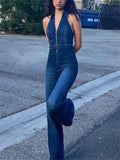 Bonnyshow Y2k Denim Jumpsuit Women New V-Neck Sleeveless Slim Bodycon Jumpsuits Overalls Streetwear One Piece Outfits Jeans