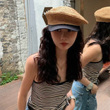 Bonnyshow Summer Straw Weaving Beret Cap Women Vacation Outdoor Beach Straw Hat Adjustable Splicing Hats Elegant French Beret for Women