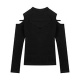 Bonnyshow American Strapless Hollow Black Long-sleeved T-shirt Women 2025 Spring New High Street Fashion All Match Sexy Slim Tops