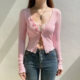 Bonnyshow Patchwork Sexy T-shirt Women Autumn New Streetwear Long Sleeves Bodycon V-Neck Tees Female Fashion Lace Button Casual Crop Top
