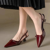 Bonnyshow  New Summer French Wine Red Pointed Patent Leather Mid-heel Overhead Sandals for Women Retro Skinny Heel Back Empty Shoes