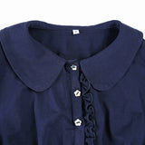 Bonnyshow  Preppy Style Women Layered Mini Dress Turndown Collar Buttons Short Sleeve Shirt Dresses Casual Dark Blue Streetwear