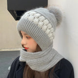 Bonnyshow Winter Thicken  Add Fur Knitted Soft Hat With Scarf Outdoor Cycling Windproof Keep Warm Balaclava Pompoms Ball Caps