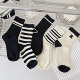 Bonnyshow 5 Pair/Set Blue Letter Stripe Socks for Women Korean Cotton Middle Tube Sock Spring Autumn Casual Sport Socks Calcetines 양말