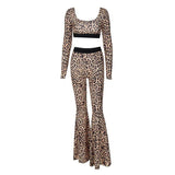 Bonnyshow Leopard New Long Sleeves T-shirt Trousers Women 2 Piece Streetwear Fashion Bodycon Female Elegant Backless Knitted Clothing
