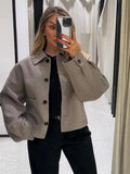 Bonnyshow Solid Color Turndown Collar Women's Jacket Casual Loose Long Sleeve Single Breasted Short Jackets Autumn Fashion Coat Outerwears