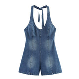 Bonnyshow  Sexy Backless Halter Denim Jumpsuit Women High Street Summer Romper Short Playsuit