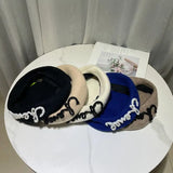 Bonnyshow New Letter Pearl Angora Fur Beret for Women Lady Winter Hat Artist French Painter Cap Female Warm Vintage Pumpkin Hats