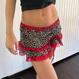 Bonnyshow  Summer Vintage Leopard Print Ruffles Low Waist Mini Skirt Women Lace Skirts Aesthetic Elegant Fashion Lady Party Streetwear