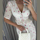 Bonnyshow  Sweet Print Top Skirt Women Outfit Elegant V-neck Button Short Sleeve Shirt Trumpet Pleated Skirts 2025 Summer Fashion Lady Set