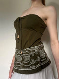 Bonnyshow  Fashion Retro Slim Fit Beading Lace Up Women Vest Chic All-Match Summer Print Design Trendy Blouses