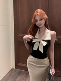 Bonnyshow  Bow temperament collar hanging neck vest satin fish tail half skirt two-piece set women's summer fashion beautiful set