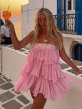 Bonnyshow  Solid Layered Ruffles Mini Dress Women's Strapless Irregular Cutting Sleeveless Sexy Vestidos 2025 Summer Vacation Beach Wear