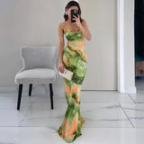 Bonnyshow Fashion Tie Dye Maxi Dress Women Elegant Spaghetti Strap Slim Evening Party Dresses Summer Sexy Backless Beach Holiday Dress