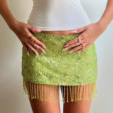 Bonnyshow  Sexy Sequin Tassel Women's Skirts Solid High Waist Patchwork All Match Female Skirt 2025 Summer New Lady Party Club Streetwears