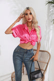 Bonnyshow  Women Summer Style Satin Blouses Shirts Lady Casual Short Sleeve Turn-down Collar Solid Color Blusas Tops