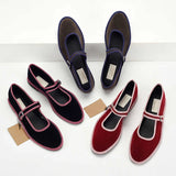 Bonnyshow  Flats Mary Jane Shoes Women 2025 Trend Velvet Casual Streetwear Ladies Shoes Canvas Buckle Strap Pointed Toe Loafers Elegant