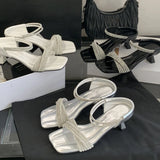 Bonnyshow  CRYSTAL Diamond Narrow Band Square Toe Women Slippers Fashion Thin Low Heels Sandals Ladies Summer Shoes