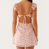 Bonnyshow  Women Backless Mini Dress Sexy Sleeveless Ruffle Shoulder Short Dress Floral Print Low Cut Tie Back A-line Dress