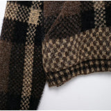 Bonnyshow  Vintage Plaid Zipper Sweater Coat Women Elegant Knitted Thick Brown Sweaters With Pockets Female Versatile Street Daily Outwear