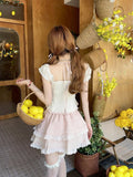 Bonnyshow  Summer Sweet Girls Two Piece Skirt Sets Lace Splicing Puff Sleeve Slim Shirt Tops + High Waist A Line Mini Skirt Outfits
