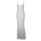Bonnyshow  Sexy Glitter Low Cut Long Beach Dresses Women Chic Sleeveless Shiny Pleated Hem Sling Dress Female Spring Party Holiday Vestidos