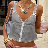 Bonnyshow  Women's Fairy 2000s Summer Tops Mini Bows Straps V Neck Crop Tops Open Back Lace Trim Button Tank Tops Streetwear
