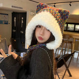 Bonnyshow Winter Knitted Plush Hat for Women Cute Cat Ear Woolen Ear Protection Cap Outdoor Windproof Cycling Caps Bomber Bonnet
