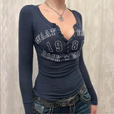 Bonnyshow Letter Print Black Tees Women Autumn Streetwear Long Sleeves O-Neck Bodycon Sexy Top Button Fashion Casual Slim T-shirt Female