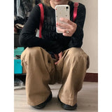 Bonnyshow Y2k Vintage Brown Woman's Cargo Jeans Oversize Japanese 2000s Style Spring Trousers Harajuku Korean Wide Denim Pants