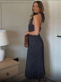 Bonnyshow  Polka Dot Halter Long Dress Women Elegant Sleeveless Backless Lace Up High Wasit Slim Vestido 2025 New Summer Fashion Lady Robes