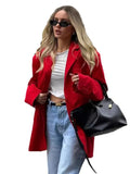 Bonnyshow Women's Red Suit Temperament Shoulder Pads Loose Casual Coat Collar Pocket Cardigan Fashion Office Ladies Suit Jacket