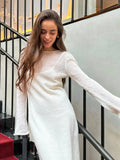 Bonnyshow O-Neck Elastic Knitted Long Dress ＆ Camisole Skirt Women Chic Soft Lady Hollowing Sweater Dresses 2 Pieces Sets