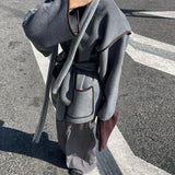 Bonnyshow Vintage Grey Women's Coat with Belt Casual Loose V-neck Cardigan Jackets New Fashion Windproof Women Coats Solid Color Jacket