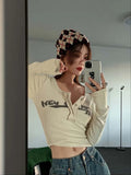 Bonnyshow Women Sexy Slim Crop Top Retro Graffiti Print Elastic T Shirt Ribbed Long Sleeve O-neck Tops Grunge Tee Tops