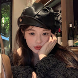 Bonnyshow Autumn Leather Berets Hat for Women Korean Solid Color Octagonal Cap Female Girls Japanese Vintage Painter Artist Hats