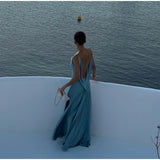 Bonnyshow  Elegant Split Women' s Dresses Solid Square Collar Backless Sleeveless Long Dress Female Summer Fashion Party Evening Vestidos
