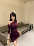 Bonnyshow  Hot Diamond Purple Mesh Strap Dress Women Summer New Slanted Shoulder Wrapped Hip Skirt Exquisite Halter Splicing Dress