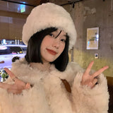 Bonnyshow Winter Plush Knitted Beanie Cap for Women Korean Thicken Warm Pullover Hat Female Girls Outdoor Solid Color Ear Protection Hats