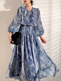 Bonnyshow  French Vintage Long Sleeve Fairy Dress Women Slim Fashion Floral Midi Dress Beach Casual Korean Style Dresses Female Summer